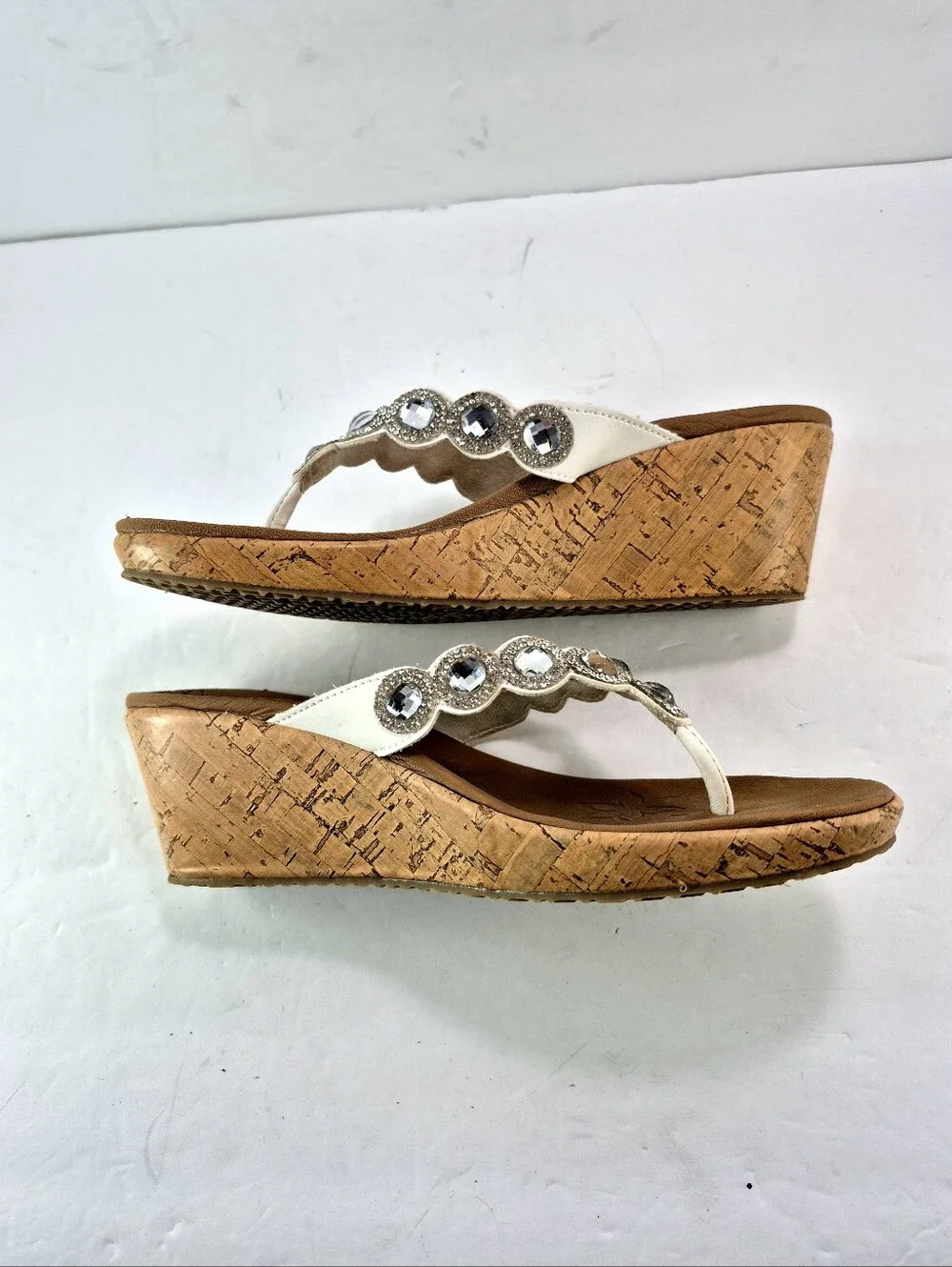 Skechers Cali Beverlee Bizzy Babe Rhinestone Cork Wedge Sandals White Size 7